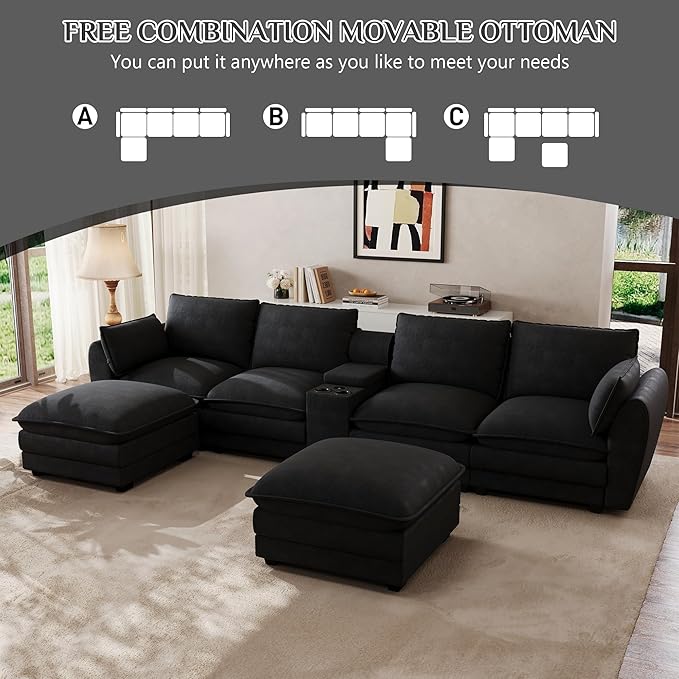 Cloud Couch Sectional Sofa 145.5 Comfy U Shape Sectional Couches for Living Room Modern Chenille Cloud Sofa Deep Seat Modular Couch with Ottoman Storage Console USB Port Cup HolderBlack