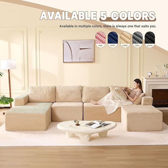 138 Boneless Couch with Deep Seat Set of Modular Sectional Sofa Cloud Sectional Couch for Living Room No Assembly Required Corduroy U-Shape 4 Seater Left Camel