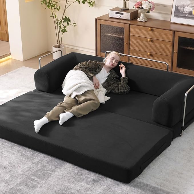 79 Convertible Sleeper Sofa Bed with Cylindrical Pillow Corduroy Folding Mattress Couch with Fixed-Shape Frame Floor Sofa Lounge Couch for Living Room Bedroom Lounge Studio (Black)
