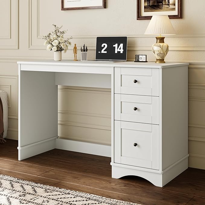 48”White Computer Desk with 3 Drawers Modern Office Desk with Storage Small Writing Desk for Bedroom Living Room Office