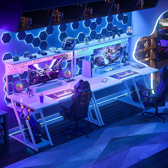 Armocity 53'' White Gaming Desk with Hutch and LED Lights Gaming Computer Desk with Storage Shelves &amp Z-Shaped Legs Reversible PC Game Desk with Pegboard for Bedroom Carbon Fiber Surface