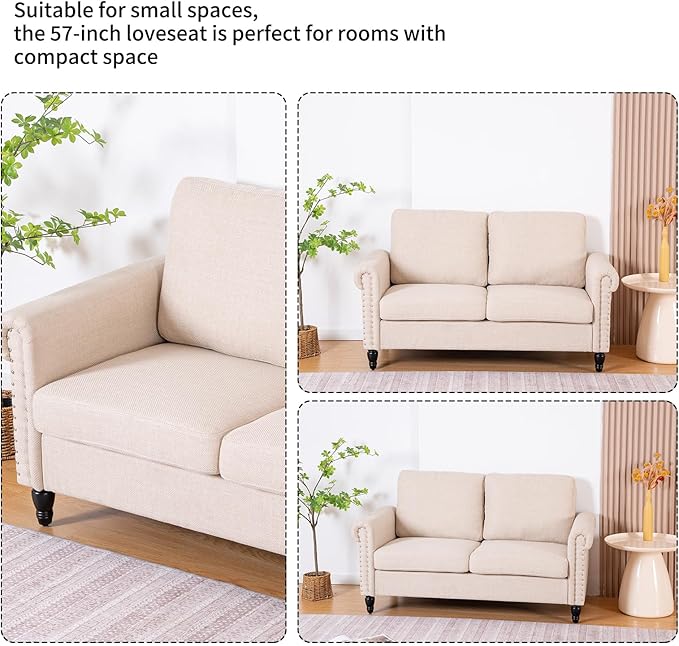 J.C.UP 57’’ Loveseat Sofa CouchSmall Couches for Living Room with Linen FabricComfy Upholstered Love Seat Sofa Couches for Bedroom with Solid Wood Legs2 Seater Mini Modern Couch for Small Spaces