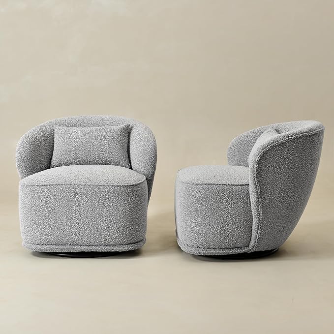 KINWELL 33 W Mid Century Modern Swivel Barrel Chair Set of 2 Upholstered Boucle Swivel Accent Chairs No Assembly Sofa Chair with Toss Pillow for Living Room Bedroom Reading Nursery (Black White)