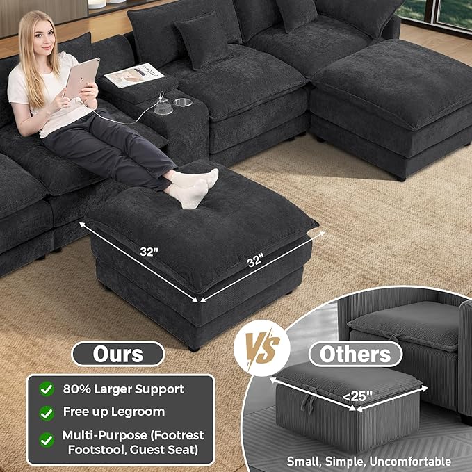 145 Oversized Modular Sectional Sofa U Shaped Cloud Couch 6 Seat Sofa Set for Living Room Comfy Chenille Deep Seat with Storage Central Console Movable Ottomans Cup Holders USB Ports Black Grey