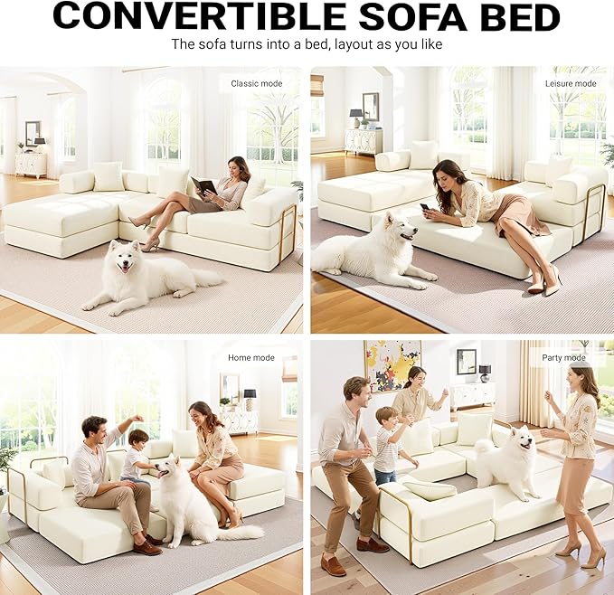 108'' Modular Sectional Sofa Bed Convertible Folding Sofa Bed with Removable Backres Boneless Cloud Couch with Deep Seat Modern Fold-Out Futon Couch Bed for Living Room No Assembly RequiredBeige