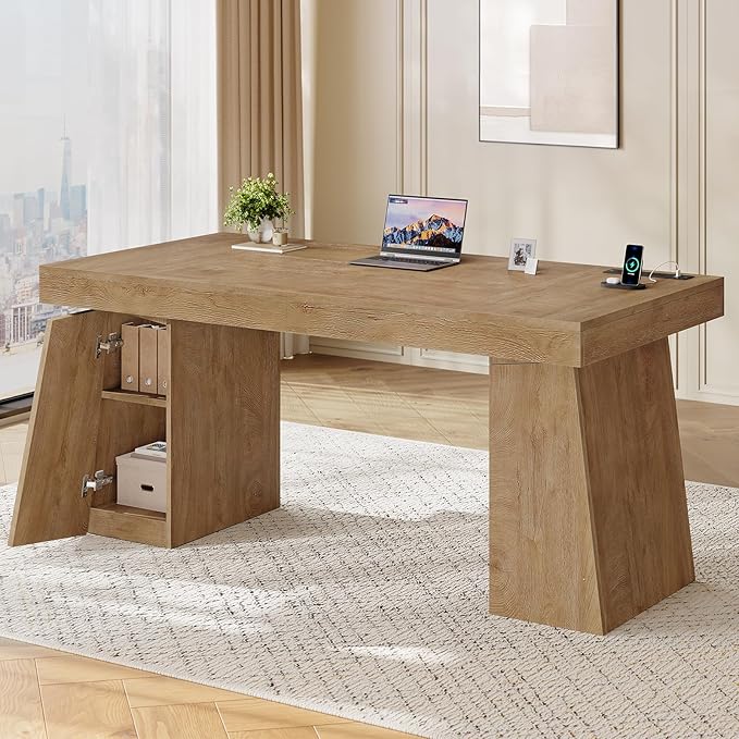 55.9 in Executive Desk with Power Outlets Modern Home Office Desk with Storage Cabinet Wood Computer Desk Business Workstation Desk Conference Table Oak (Storage Cabinet)