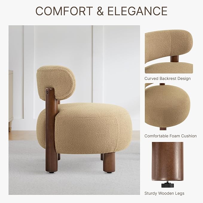 Modern Boucle Accent Chair Set of 2 with Plush Faux Sherpa Upholstery Curved Backrest Solid Wood Legs for Living Room Bedroom Reading Nook 27.5 Camel