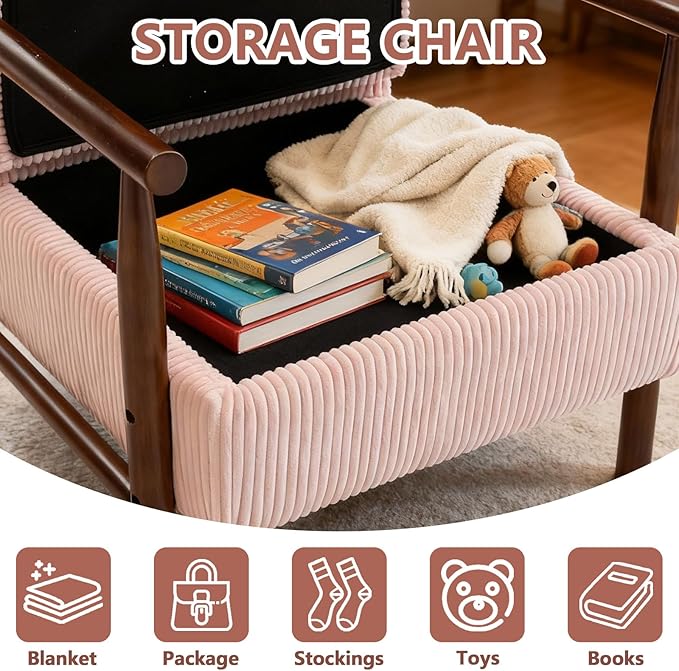 Pink Accent Chair with Storage 24 W Mid Century Modern Chair with Cushion Upholstered Corduroy Reading Chair with Wooden Legs Comfy Arm Chairs for Living Room Bedroom (Pink)