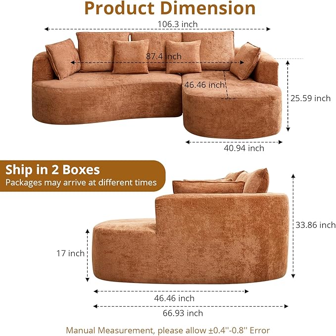 Curved Cloud Boneless Couch 106’’ Modern Comfy L-Shape No Assembly Required Sofa with Chenille Fabric Deep Seat Loveseat + Chaise for Living Room