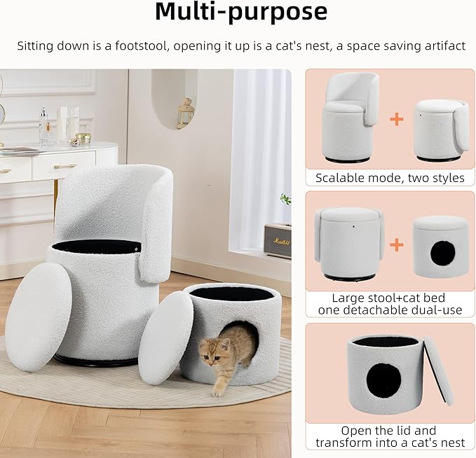 Round Vanity Chair with Storage &amp Cat Bed Stool Upholstered Small Swivel Accent Chair with Hidden Storage Makeup Barrel Chair for Bedroom Living Room (Teddy)