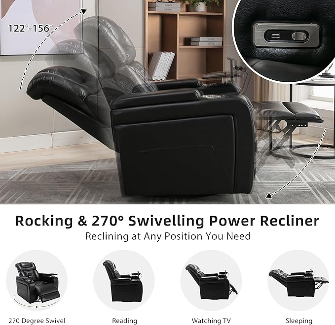 270 Degree Swivel Chair PU Leather Power Recliner Individual Seat with Comforable Backrest Tray Table Phone Holder Cup Holder USB Port Hidden Arm Storage for Living Room Home Theater Black