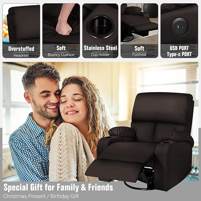 LEVELEVE Rocking Recliner Chair Massage Rocker Recliner Chair with Vibration Massage and Heat USB and Type-C Ports360° Swivel Faux Leather Chairs Living Room Bedroom Nursery RV Brown
