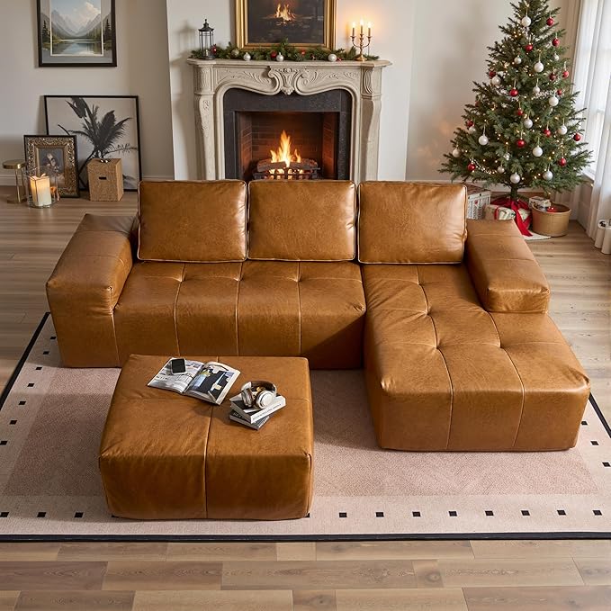 114 Cloud Sectional Couch with L-Shape Chaise &amp Ottoman Modern Boneless Couches for Living Room Fluffy Tufted Deep Seat Modular Sofa No Assembly (Faux LeatherBrownRight Facing)