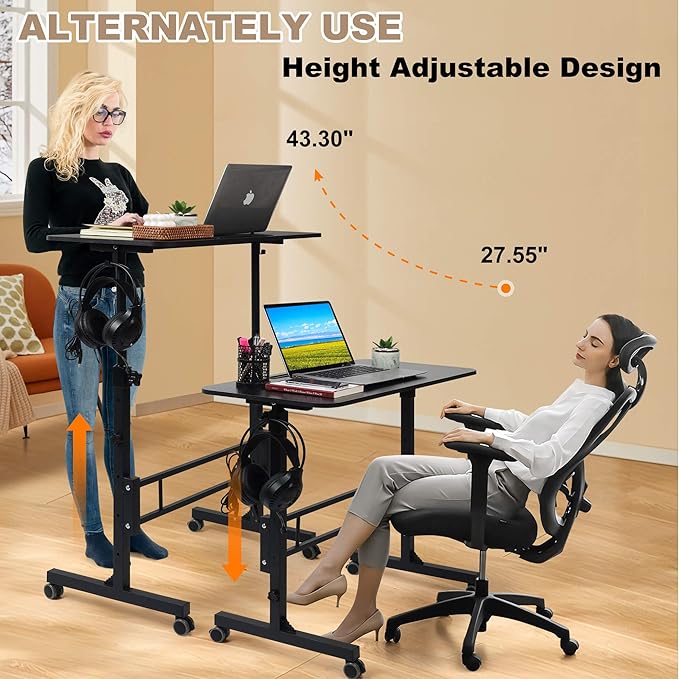 Standing Desk Adjustable Height Rolling Walking Pad Desk Small Mobile Table with Wheels Portable Stand Up Table for Standing or Sitting Size 31.5x15.7 Inch Black