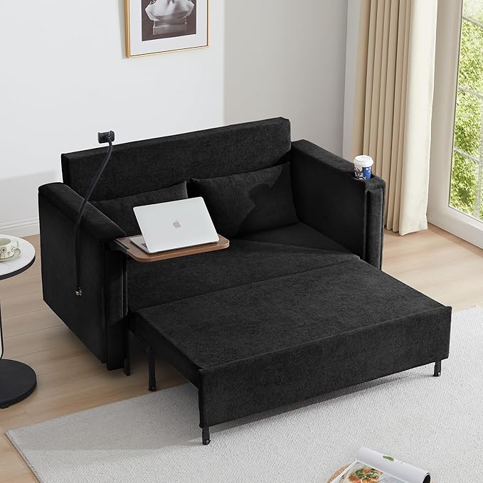 3-in-1 Convertible Sleeper Sofa Couch with Pullout Bed Loveseat Sleeper Sofa Bed with Hidden Side Table 56 Full Size Folding Futon Couch for Living Room Guest Room Apartment Home Office (Black)