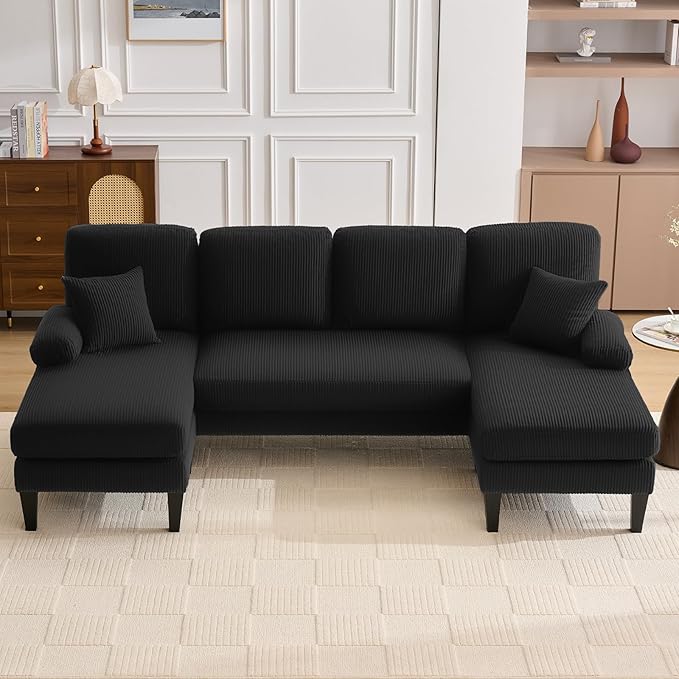 98 U Shaped Couch with 18 Seat Height Sectional Couches for Living Room 4 Seater Couch Set with Double Chaise for Apartment Living Room Sofas Corduroy Black