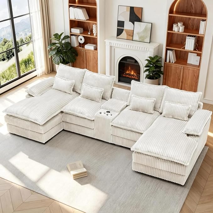 125 Modular Sectional Sofa Corduroy U-Shaped Cloud Couch with Storage &amp USB 6 Seat Sectional Couches Oversized Comfy Fluffy Deep Seat Sectionals Sofa Set for Living Room Beige 5-Piece