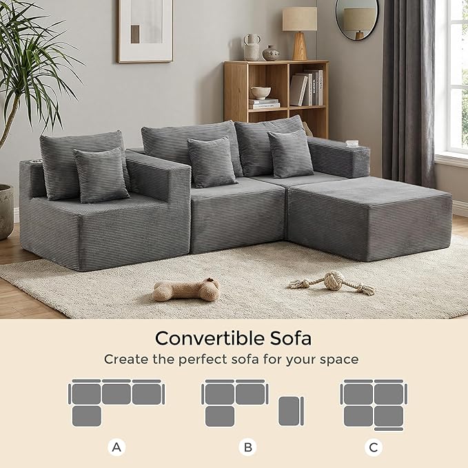 WELAX 104 Modular Sectional Couches for Living Room Boneless Couch L-Shape with Cup Holders &amp Pillows Modern Corduroy Cloud Sofa 4 Seater Home Comfy Sofas for Bedroom Grey