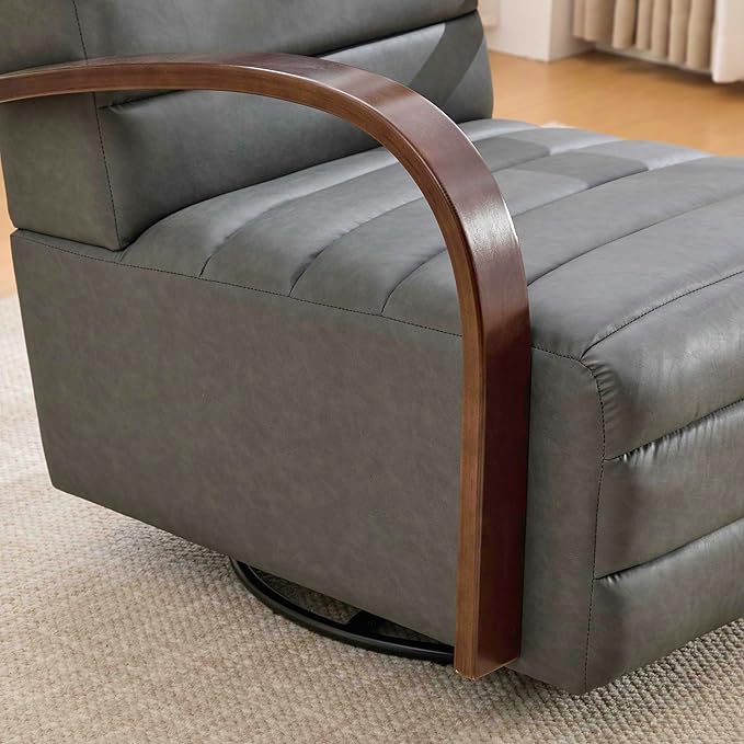 KEIKI 360° Swivel Armchair 30.3 W Upholstered Accent Chair with Solid Wood Arms Comfy PU Lounge Single Sofa Chair for Living Room Bedroom Reading Nook Gray