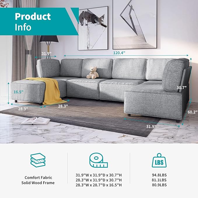 BALUS 120 Sectional Sofa for Living RoomU Shaped Modular Sofa Couch with Ottoman 6-Seat Oversized Sleeper Sofas Deep Seat for Apartment Home OfficeLinen Fabric Light Gray