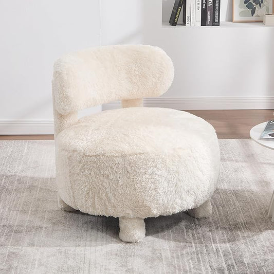Upholstered Armless Chairs Modern Fur Accent Chair Cute Furry Chairs with Curved Backrest and Solid Wooden Legs for Living Room Bedroom Reading Room White