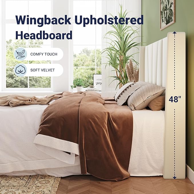 Allewie Full Size Platform Velvet Bed Frame with Geometric Wingback Headboard Boho Upholstered Bed with Wooden Slats Support No Box Spring Needed Easy Assembly Cream