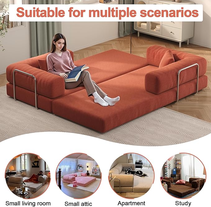 79 Convertible Sofa Bed with Pillows Corduroy Folding Sleeper Sofa with Fixed-Shape Frame Boneless Couch for Living Room Bedroom Floor Sofa Lounge No Assembly Required (A - Style-Orange)