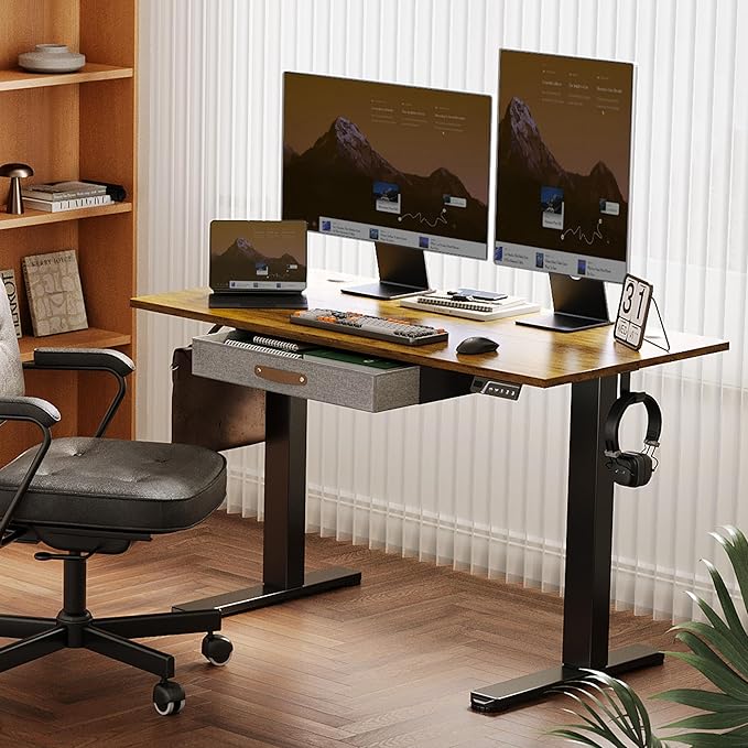 Seang Standing Desk with Drawer 55 x 24 Height Adjustable Stand Up Desk 3 Memory Height Settings with Cable Grommets &amp Storage Hooks Ideal for Home &amp Office Rustic Brown