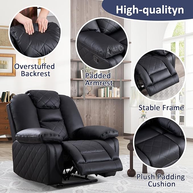 CANMOV Faux Leather Manual Recliner Chair Single Sofa Chair with Comfortable Armrest and Backrest Home Theater Seating for Living Room Bedroom Black