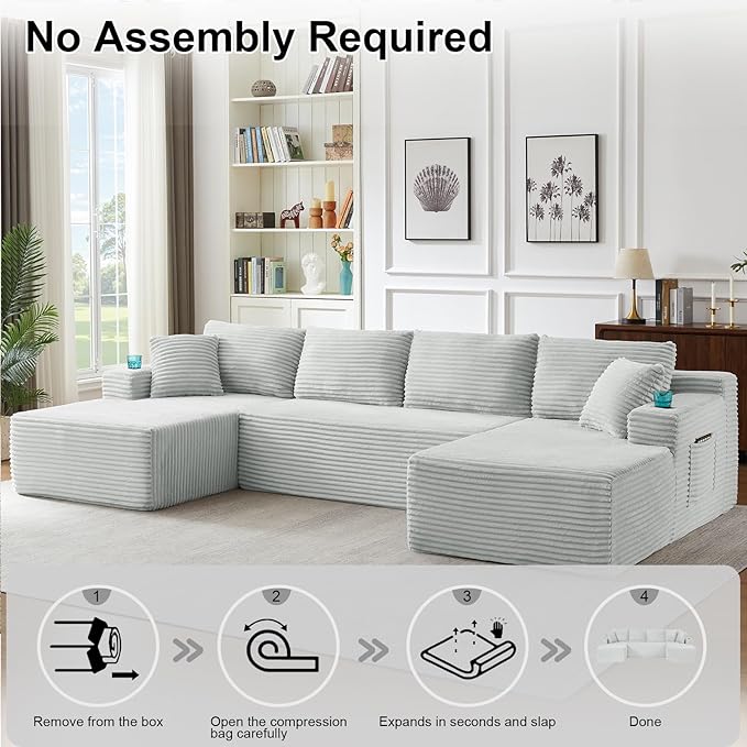 134 Inch U-Shaped Sectional Couch Oversized Modular Corduroy Sofa with Double Chasies 4-Seater Modern Deep Seat Boneless Cloud Couch for Living Room No Assembly Required Light Gray