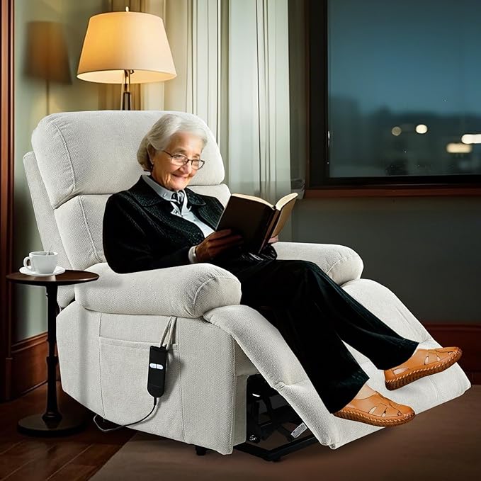 cinkehome Small Power Lift Recliner Chair for Elderly Electric Lift Chairs Easy Remote Wide Footrest Side Pockets Soft Snowflake Fleece Beige
