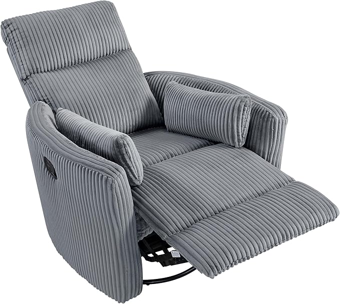 Lexicon Modern Swivel Glider Recliner Chair Nursery Glider Corduroy Fabric Upholstery Recliner with 2 Lumbar Pillows Manual Reclining Sofa Chair for Living Room/Office/Apartment Grey