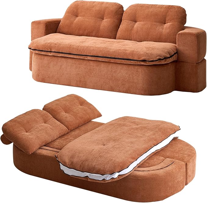 78.74 Convertible Sofa Bed Folding Loveseat Sleeper Sofa 2 in 1 Chenille Floor Couch Bed Foam Compressed Sofa with Pillows &amp Blanket for Living Room Apartment Studio Office (Brown)