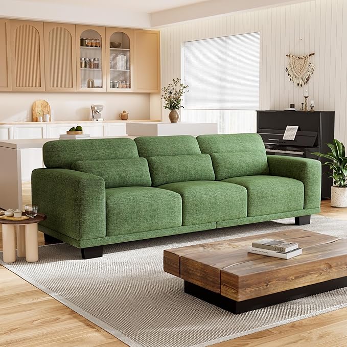 Marsail 89 Sofa Couch 3-Seater Couches with Wide Armrests &amp Deep Cushions Modern Linen Fabric Sofas for Living Room Comfy Upholstered Couch with Removable Washable Covers Green