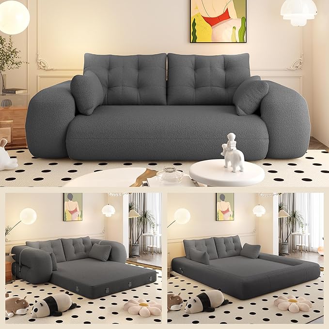 78.7 Convertible Sofa Bed 3-in-1 Folding Floor Couch with 4 Pillows Sleeper Sofa for Living Room and Guest Bed No Assembly Required (Grey Teddy Fabric)