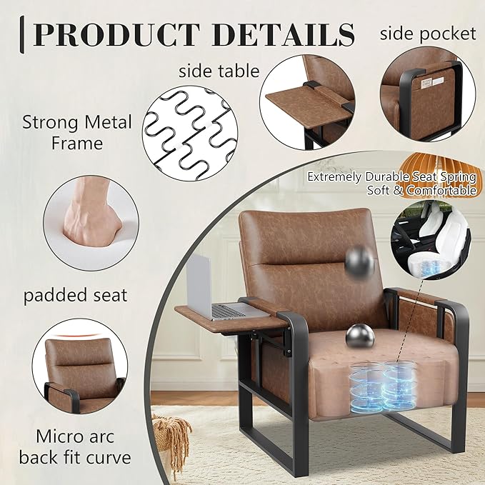 Upholstered Living Room Chair Armchair Mid Century Faux Leather Metal Accent Chair Reception Couch Office Guest Chair Slipper Club Lounge Single Sofa with Sidetable for Bedroom-Brown
