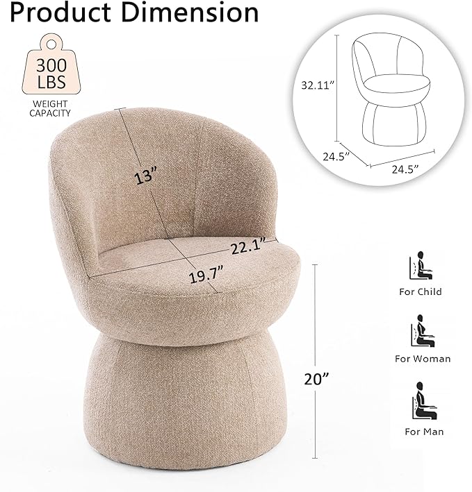Rowill 360 Degree Swivel Vanity Chair Barrel Textured Accent Chair with Boucle Fabric Modern Khaki Accent Chairs for Living Room Dressing Room Reading Nook