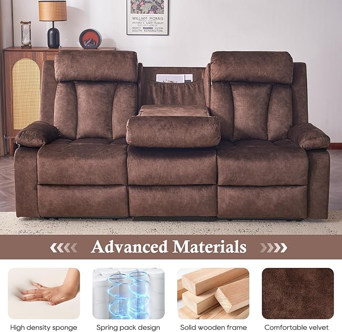 Power Reclining Sofa with Heat&ampMassage Reclining Couch with Multi-Function Console/USB Ports/Type C Wall Hugger 3 Seater-Sofa Recliner Reclining Sofa Couch for Living Room