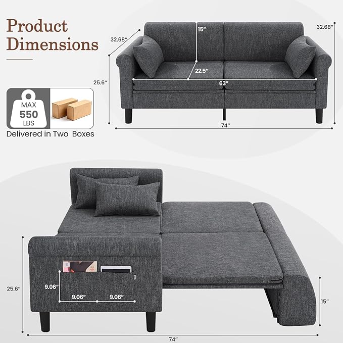 SEJOV 74 Convertible Sofa Bed 5-in-1 Loveseat Sleeper Sofas with Pull Out Couch Bed Storage Pockets &amp 2 Pillows Modern Folding Linen Futon Couch for Living Room Bedroom Small Space Dark Gra