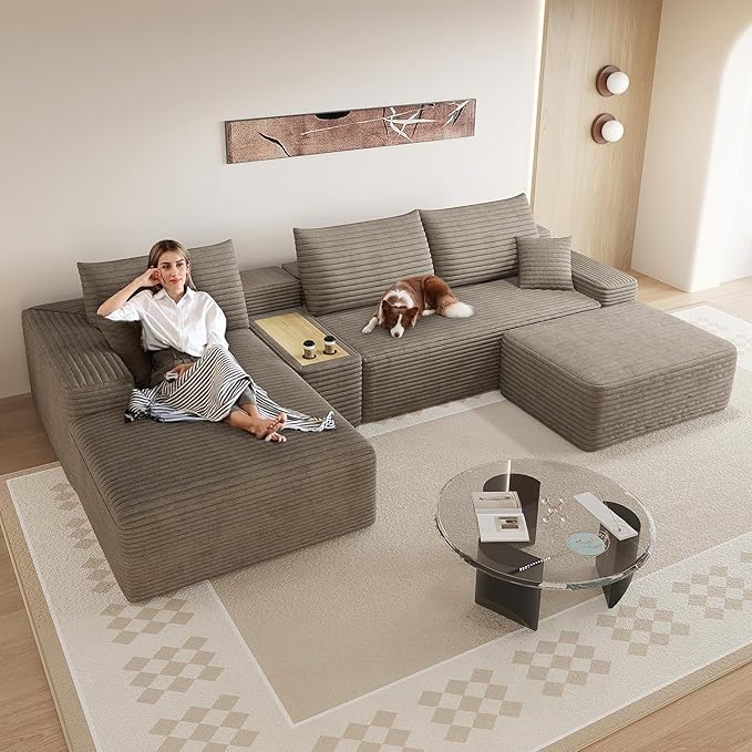 ‌123.6 Modern Cloud Boneless Corduroy Sectional Couch with U-Shape Chaise Ottoman and Side Table No Assembly Required Deep Seat Upholstered Modular Sofa for Living Room (Camel Left Facing)