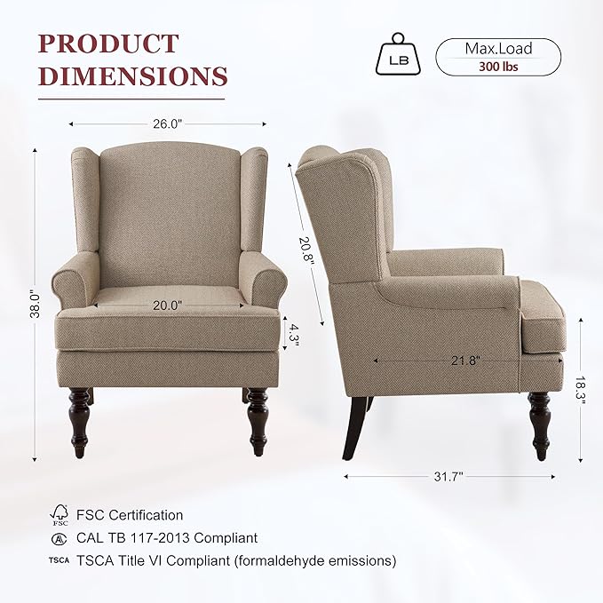 HUIMO Printed Wingback Accent Chair Linen Upholstered High Back Armchair Comfy Reading Chair for Living Room Bedroom Study 300lbs Weight Capacity (2 Brown with Lines)