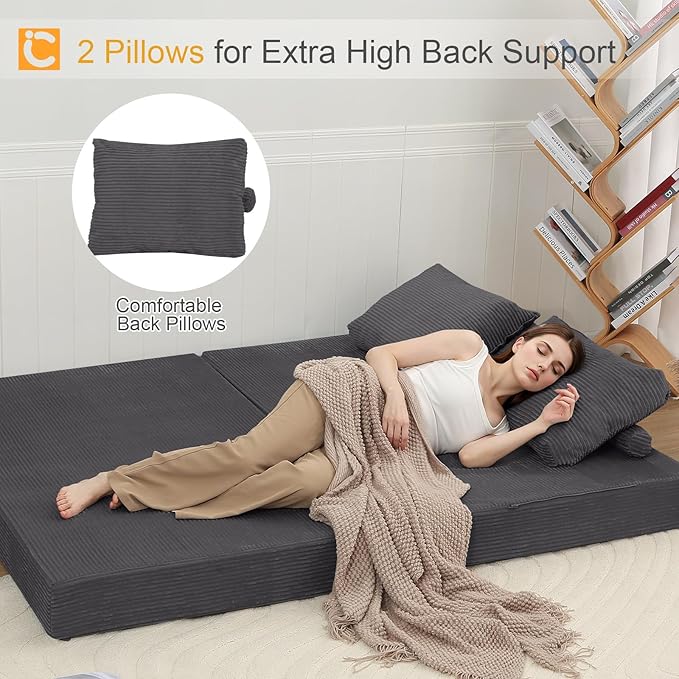 COMAX Convertible Sofa Bed Folding Floor Couch Corduroy Fold Out Couch Bed Futon Sleeper Mattress with Pillows Boneless Sofa Comfy Lounge Loveseat for Living Room Bedroom Grey