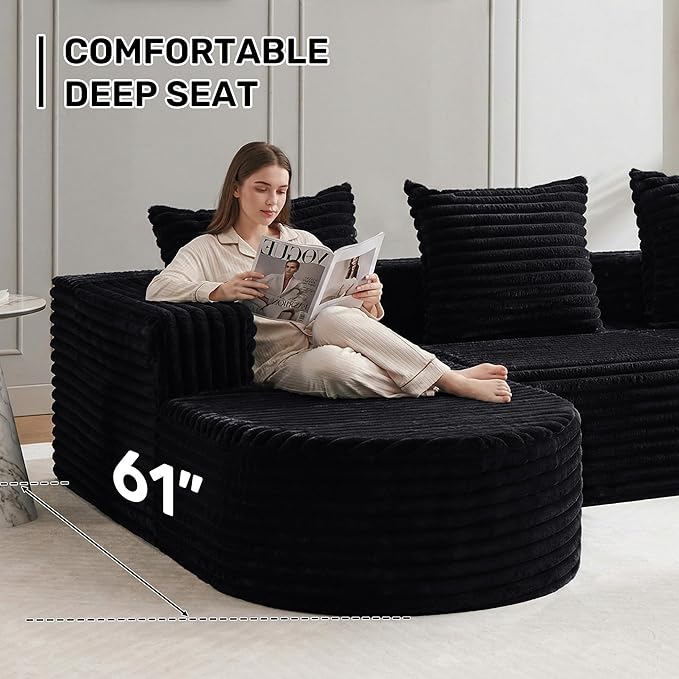 Boneless Cloud Couch Modular Sectional Sofa L-Shape with Chaise 102 Soft Faux Fur Deep Seat &amp 3 Pillows &amp 2 Side Pockets for Living Room Bedroom (Black Left Chaise)