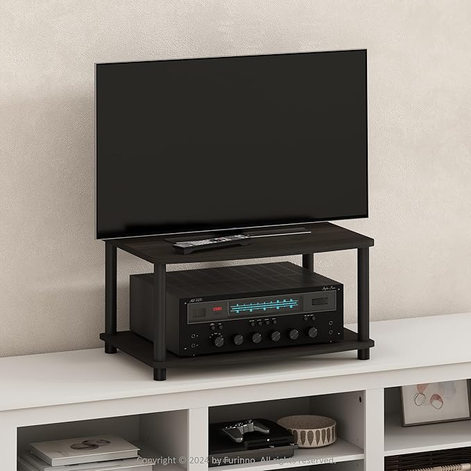 Furinno TURN-N-TUBE TV Riser Stand 2-Tier Small Elevated No Tools TV Stand with Plastic Poles TV Console for TV up to 32 inch 15.8 x 23.8 x 11 for Living Room Bedroom Espresso