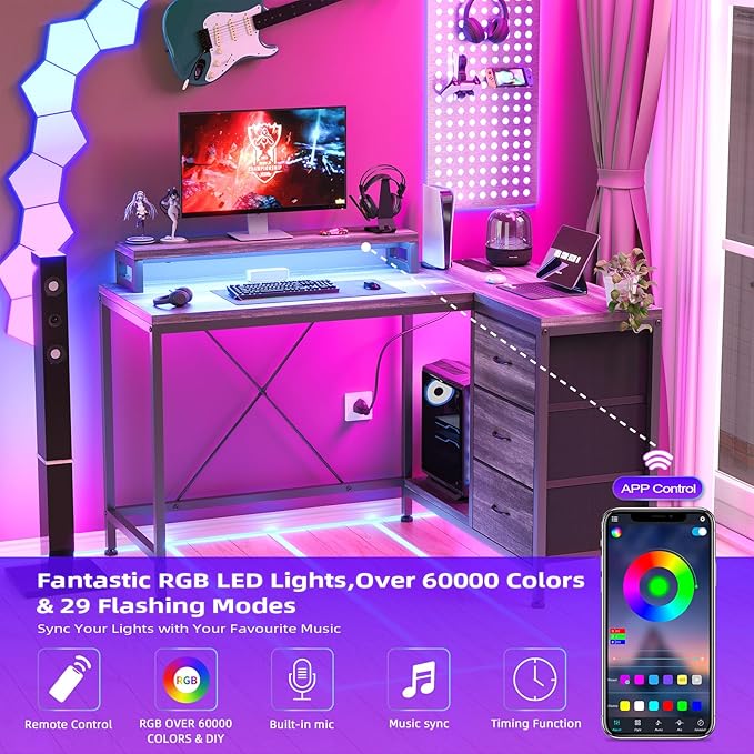 41 Inch Computer Desk with 3 Drawers LED Lights &amp Power Outlets Gaming Desk with USB Charging Station Home Office Desk with Monitor Stand and Cationic Fabric Drawers