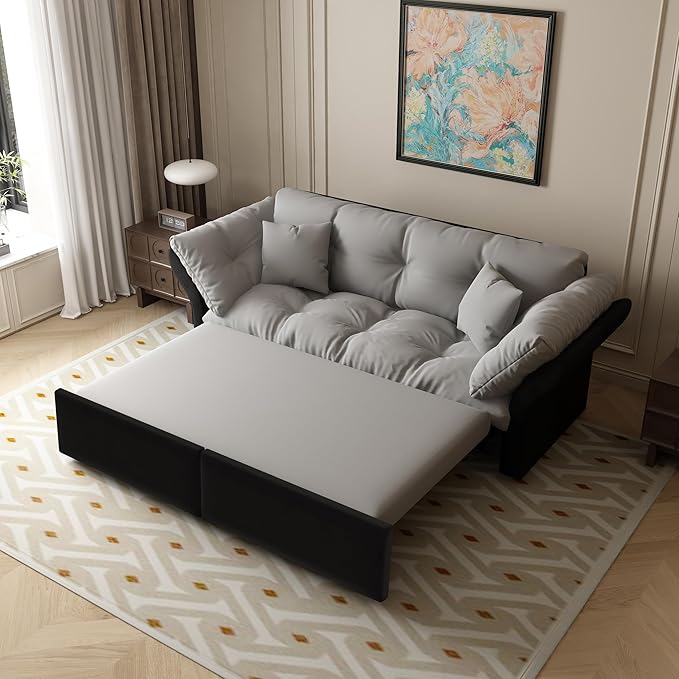 74.8‘’ Velvet Queen Pull Out Sofa Bed with 2 Pillows 3-in-1 Convertible Loveseat Sleeper Sofa Couch with Armrest Space Saving for Living Room Apartment Gray