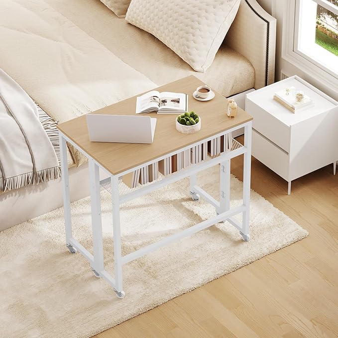 Folding Computer Desk with Storage Shelf 25.2 Rolling Folding Desk with Wheels for Small Spaces Living Room Bedroom Office White and Natural DN08WN