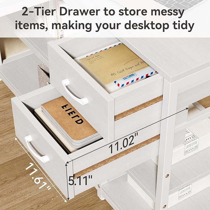 LITTLE TREE 55-Inch L-Shaped Computer Desk Reversible Computer Desk with Drawers and Storage Shelves Corner Desk Gaming Desk Work Desk for Home Office White