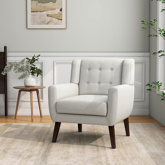 Accent Chair Mid-Century Modern Fabric Chairs with Arms for Living Room Comfy Upholstered Club Single Sofa Armchair for Bedroom Waiting Room with Solid Wood Frame