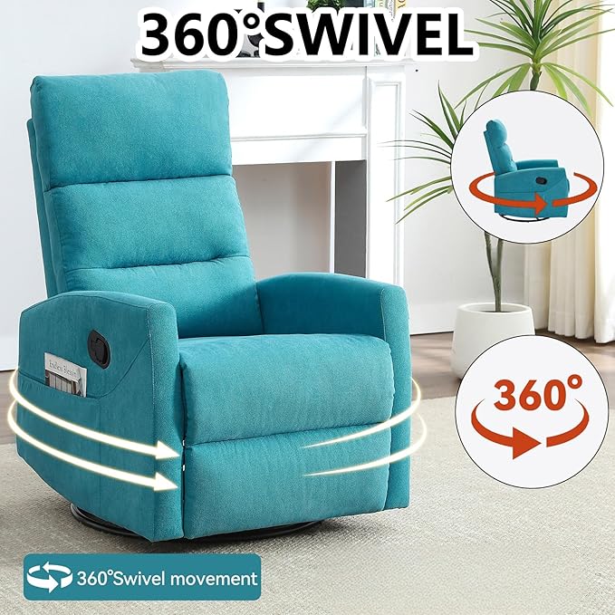 Slim Lazy Boy Recliners for for Adults Swivel Rocking Chair Recliner with High Back Small Recliner Chair for Small Spaces Manual Reclining Chair for Living Room Adjustable Footrest (Blue)